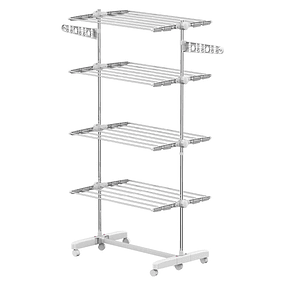 Folding Clothes Hanger 80x55x172cm with 6 Wheels and 4 Height Adjustable Shelves in Silver Stainless Steel