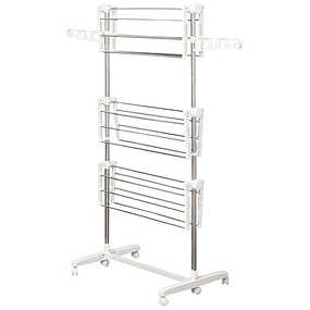 Foldable Clothes Hanger 80x55x152cm with 6 Wheels and 3 Height Adjustable Shelves in Silver Stainless Steel