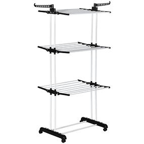 Collapsible Clothes Hanger with Wheels Vertical Steel Clothes Hanger with 3 Folding Side Levels 73x64x177cm Black and White