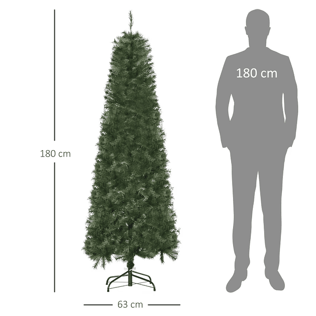 Árbol de Navidad Artificial Ignífugo de 180cm con 493 Ramas Hojas de PVC Base Plegable y Soporte Metálico Verde