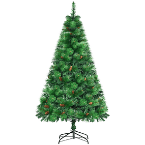 Árvore de Natal Artificial 180cm com 782 Ramos 56 Pinhas Folhas de PVC Base Dobrável e Suporte Metálico Verde 