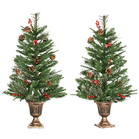 Set of 2 Artificial Christmas Trees 90cm with Fireproof Vase with 110 Branches 70 Berries 8 Pine Cones and Green PVC Leaves