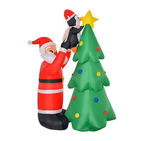 Árvore de Natal Inflável 184cm com Luzes LED Decoração de Natal Inflável com Pai Natal e Pinguim para Festas Interiores e Exteriores 123x80x184cm Multicor