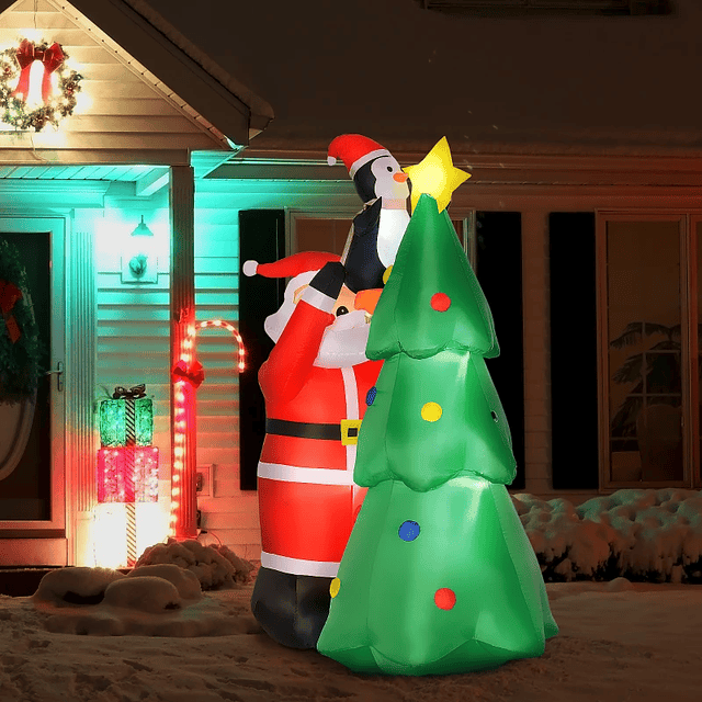 Árbol de Navidad Inflable con Luces LED de 184 cm Decoración Navideña Inflable con Papá Noel y Pingüino para Fiestas Interiores y Exteriores 123x80x184cm Multicolor