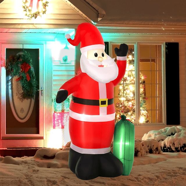 Papá Noel Hinchable con Bolsa de Regalo 3 Luces LED IP44 e Inflador Eléctrico Interior y Exterior Decoración Navideña 148x85x240cm Rojo y Verde