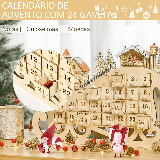 Calendario de Adviento de Navidad con Luces LED y 24 Cajones Decoración Navideña Modelo Trineo 45x10x31cm Madera Natural