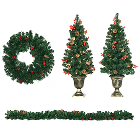 Conjunto de Decoração de Natal 4 Peças com 2 Árvores de Natal Coroa e Grinalda com Luzes LED 40x40x90cm Verde