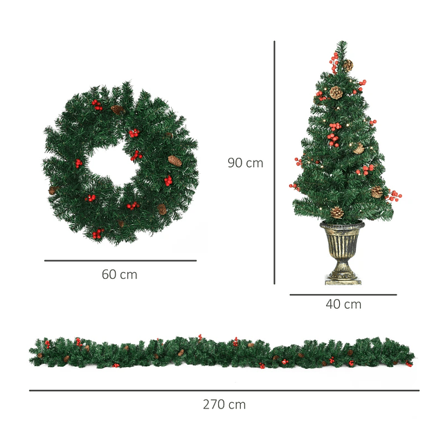 Set de decoración navideña de 4 piezas con 2 coronas de árboles de Navidad y corona con luces LED 40x40x90cm verde