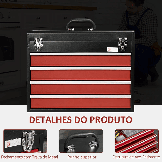 Caja de herramientas de acero con 4 cajones Cerraduras de metal Bolsa de herramientas portátil 51x22x39.5 Negro y rojo