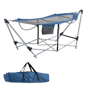 Garden Hammock with Folding Stand with Oxford Fabric Bedding and Breathable Mesh Storage Pocket and Carry Bag 235.5x82x90.5cm Blue and Silver