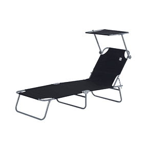 Folding Garden Lounger with Removable and Angle-Adjustable Canopy and 4-Position Adjustable Backrest for Garden Terrace Outdoor Camping 187x58x36cm - Black