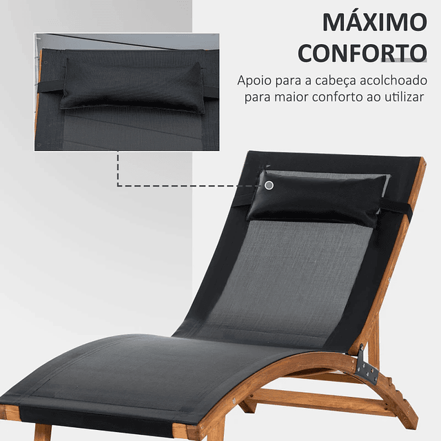 Garden Deckchair with Adjustable Backrest Height Removable Headrest and Ergonomic Wood Frame for Terrace Outdoor Beach 180x56x72cm Black