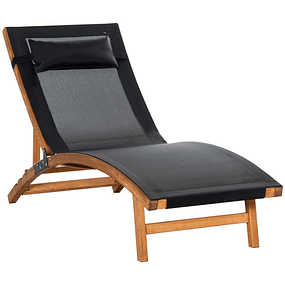 Garden Deckchair with Adjustable Backrest Height Removable Headrest and Ergonomic Wood Frame for Terrace Outdoor Beach 180x56x72cm Black