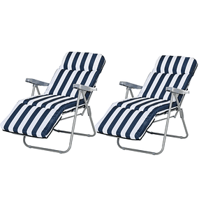 2 Folding Garden Loungers Steel Loungers with Padded Cushion 5-Position Adjustable Backrest and Footrest 60x75x50-102cm