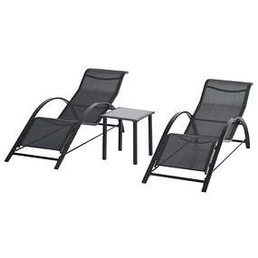 2 Garden Lounge Chairs 59x169x66 cm with Table 41x41x45 cm Tempered Glass Armrests for Patio Pool Balcony Exterior Black