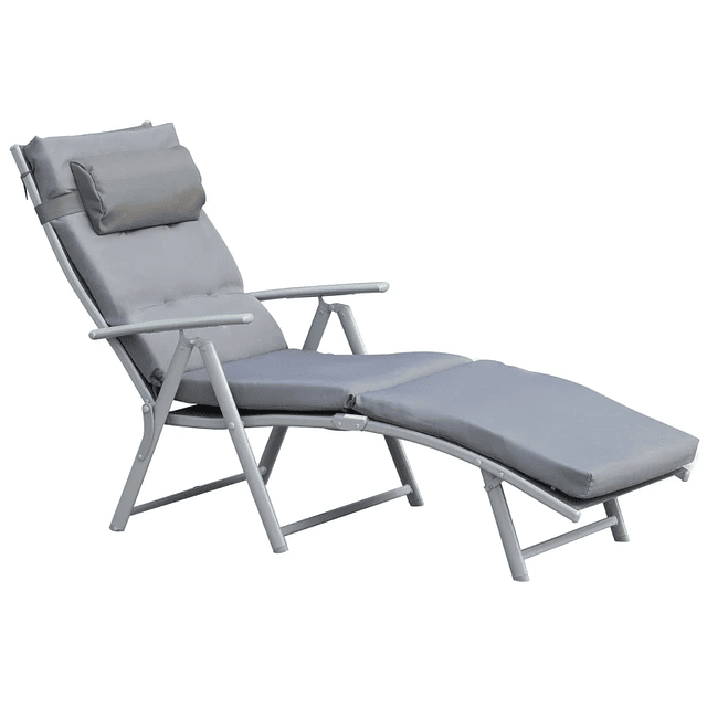 Tumbona de Jardín Plegable con Respaldo Regulable en 7 Posiciones Cojín Acolchado y Reposacabezas para Terraza Piscina Exterior Carga Máxima 165kg 137x63,5x100,5cm Gris