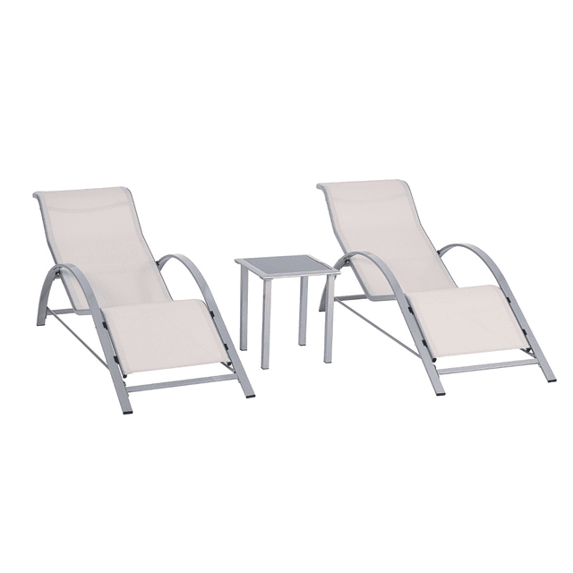 2 Garden Lounge Chairs 59x169x66 cm with Table 41x41x45 cm Tempered Glass Armrests for Patio Pool Balcony Beige