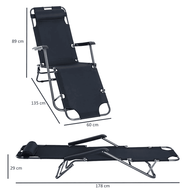 Espreguiçadeira Reclinável Dobrável com Encosto Ajustável Apoio de Braço e Apoio para os Pés Carga 136 kg 135x60x89 cm Preto