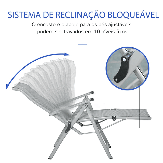 Espreguiçadeira dobrável para jardim Cadeira ajustável de 10 posições com encosto alto e apoio para pés carga máx. 150 kg 78x58x110 cm