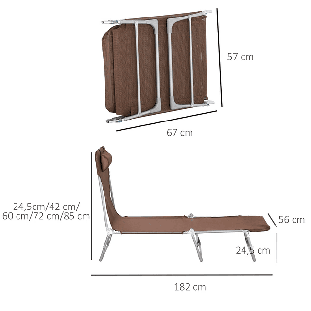 Espreguiçadeira dobrável e reclinável de jardim com apoio de cabeça e encosto ajustável em 5 níveis Tecido textilene respirável 182x56x24,5 cm