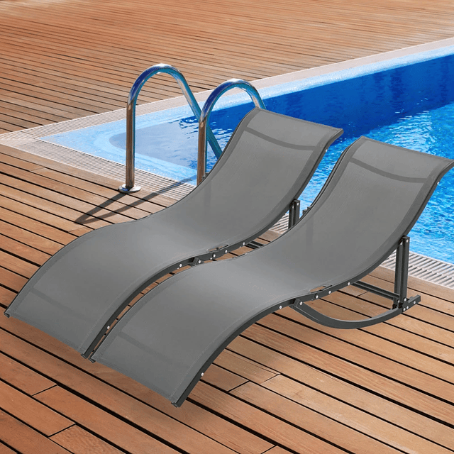 Conjunto 2 Espreguiçadeiras Ergonômicas Dobráveis em Forma de S com Estrutura de Alumínio Textilene para Piscina Pátio Jardim e Varanda 165x61x63cm Cinza