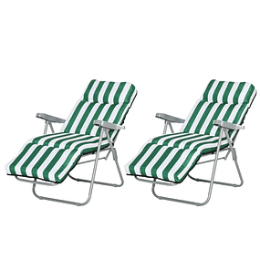 2 Folding Garden Loungers Steel Loungers with Padded Cushion 5-Position Adjustable Backrest and Footrest 60x75x50-102cm - White green