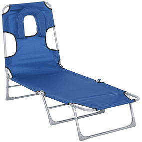 Tumbona de jardín reclinable y plegable con orificio de lectura reposacabezas y respaldo regulable en 5 niveles para playa 182x56x24,5 cm - Azul