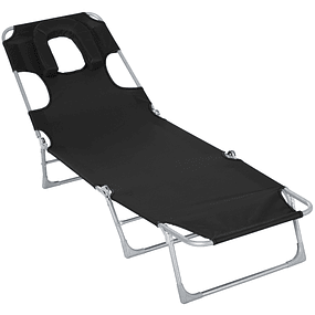 Tumbona de jardín reclinable y plegable con orificio de lectura reposacabezas y respaldo regulable en 5 niveles para playa 182x56x24,5 cm - Negro