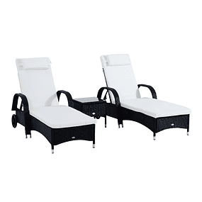 Set of 2 Sunloungers + 1 Ratan Table for Garden or Terrace Chairs with Upholstery and Backrest Adjustable to 5 Levels - Black