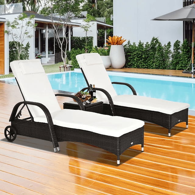 Set of 2 Sunbeds + 1 Wicker Table for Garden or Balcony Chairs with Cushion and 5 Level Adjustable Backrest - Cream and Brown