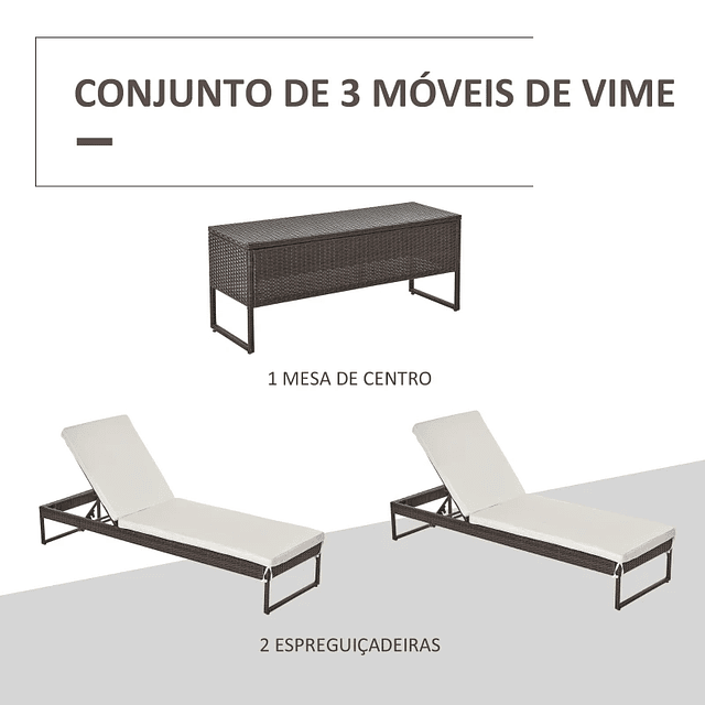 Conjunto de 2 espreguiçadeiras de jardim com almofadas acolchoadas de vime com mesa lateral para piscina ou terraço Carga160kg 195x60x86 cm Moldura de aço Creme e Castanho 