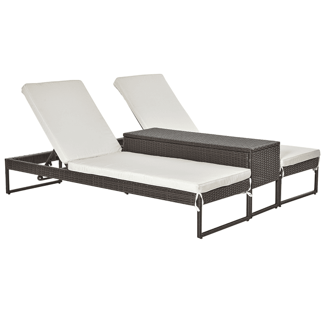 Set of 2 garden loungers with padded wicker cushions with side table for pool or terrace Load160kg 195x60x86 cm Steel frame Cream and Brown