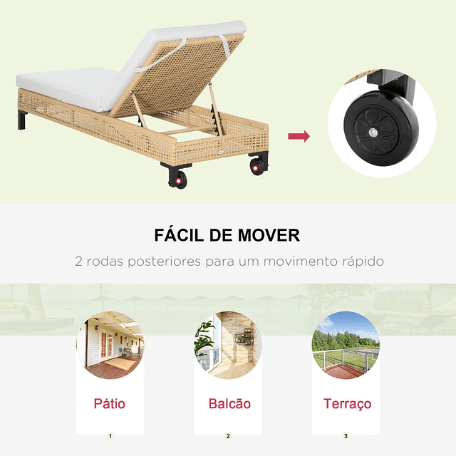 Espreguiçadeira de Vime de Jardim Chaise Longue com Encosto Ajustável em 3 Posições Almofada Acolchoada e 2 Rodas para Terraço Exterior Aço 65x200x31cm Natural e Bege 