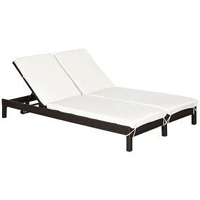 Conjunto de Espreguiçadeiras Exterior de Vime 2 Lugares com Almofadas Acolchoadas Resistente à Água com Encosto Ajustável em 5 Níveis Suporta 220kg 196x120x28cm Marrom e Branco Creme 