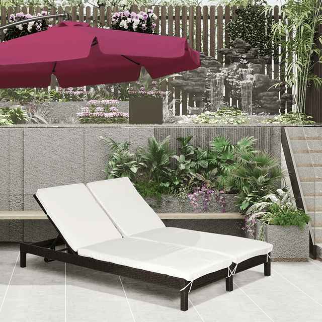 Conjunto de Espreguiçadeiras Exterior de Vime 2 Lugares com Almofadas Acolchoadas Resistente à Água com Encosto Ajustável em 5 Níveis Suporta 220kg 196x120x28cm Marrom e Branco Creme 