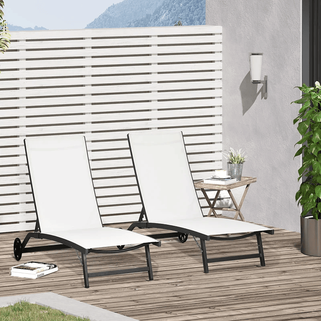 Set of 2 Outdoor Loungers with Backrest Adjustable in 5 Levels and Wheels for Beach Pool 165x66x102cm Beige