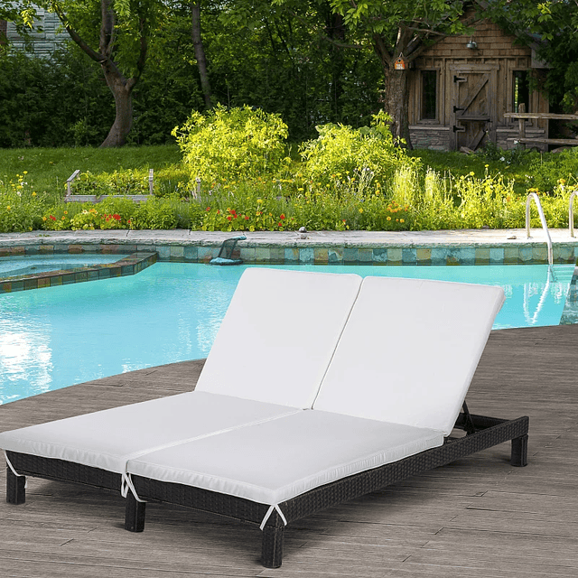  Conjunto de Espreguiçadeiras Exterior de Vime 2 Lugares com Almofadas Acolchoadas Resistente à Água com Encosto Ajustável em 5 Níveis Suporta 220kg 196x120x28cm Preto e Branco Creme 