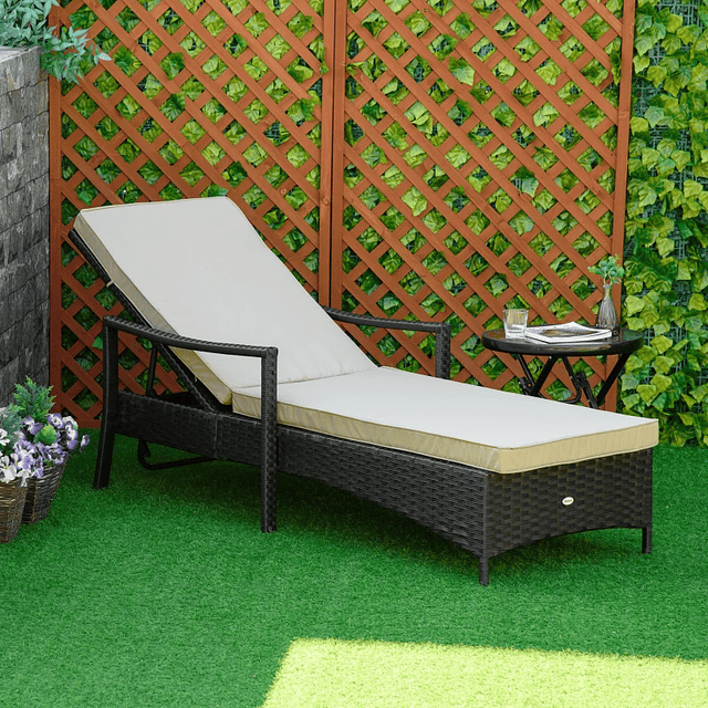 Espreguiçadeira de Vime de Jardim Espreguiçadeira com Encosto Ajustável em 4 Posições Almofadas Acolchoadas e Capa Removível para Terraço Pátio Exterior 192x62,5x58-95cm Marrom e Bege