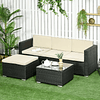 Conjunto de muebles de jardín de mimbre 3 piezas sofá de 3 plazas con cojines y mesa de centro con encimera de cristal negro y beige