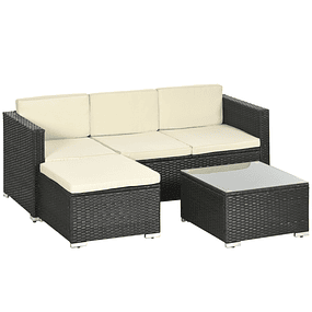 Conjunto de muebles de jardín de mimbre 3 piezas sofá de 3 plazas con cojines y mesa de centro con encimera de cristal negro y beige