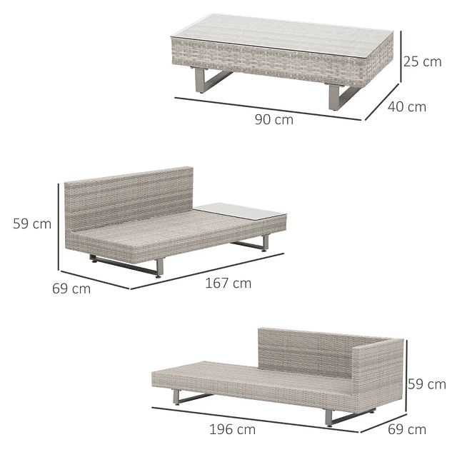 Conjunto de muebles de ratán 3 piezas, mesa de centro, sofá doble y sofá de 3 plazas con cojines desenfundables para terraza jardín patio Gris Acero
