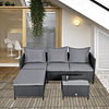 Juego de muebles de jardín, taburete de mesa de centro de sofá doble de ratán de 4 piezas con cojines acolchados para exteriores, marco de metal negro
