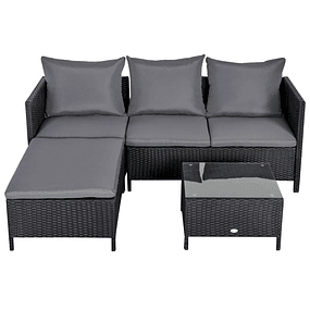 Conjunto de móveis de jardim 4 peças sofá duplo de vime mesa de centro banquinho com almofadas acolchoadas para ar livre estrutura de metal Preto 