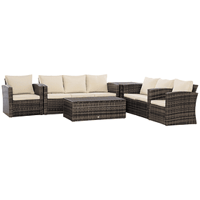 6-Piece Wicker Garden Furniture Set 3-Seater Double Sofa 2 Single Armchairs 2 Side Tables with Storage and Cushions Brown and Cream