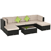 Juego de muebles de jardín de mimbre PE Juego de 7 piezas Mesa Sofás Bancos con cojines lavables Arena negra y verde