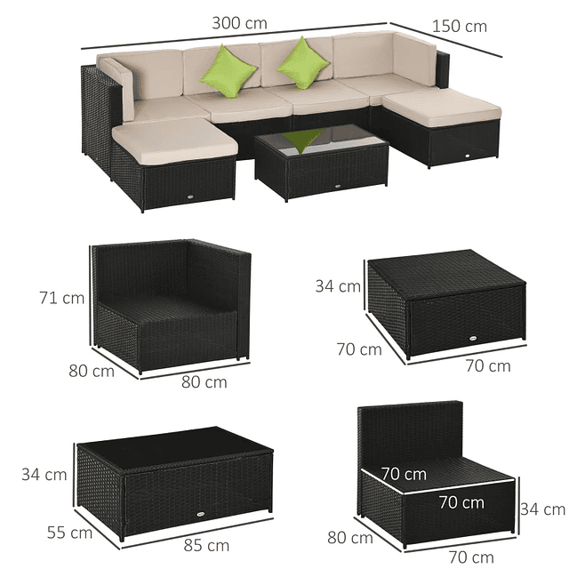 Juego de muebles de jardín de mimbre PE Juego de 7 piezas Mesa Sofás Bancos con cojines lavables Arena negra y verde