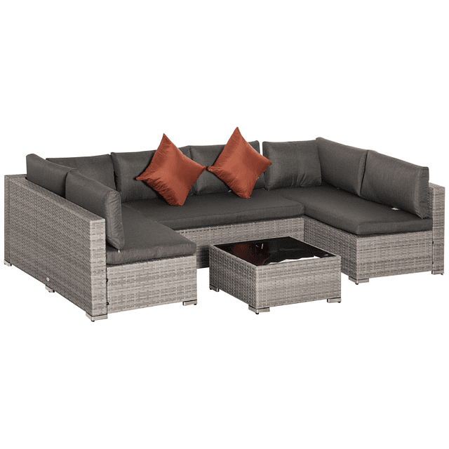  Conjunto de muebles de jardín de mimbre de 4 piezas, mesa de centro, sofá doble y 2 sofás laterales con cojines extraíbles para terraza exterior gris