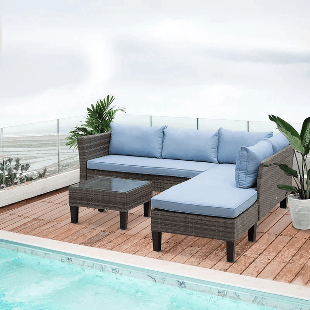 4 Piece Wicker Furniture Set with Coffee Table with Tempered Glass Countertop and Gray and Blue Footstool