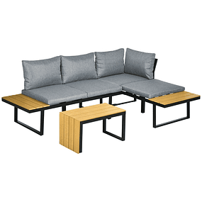 El juego de muebles de jardín de aluminio de 3 piezas incluye 2 sofás con cojines, mesa de centro gris y madera y panel lateral