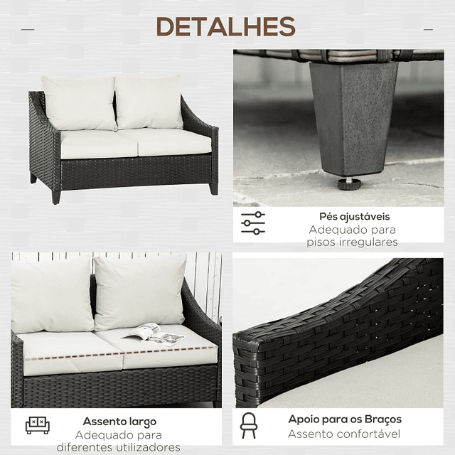 Sofá de jardín de 2 plazas sofá de ratán con cojines con cremallera y patas regulables para terraza balcón patio 132x70x74 cm marrón